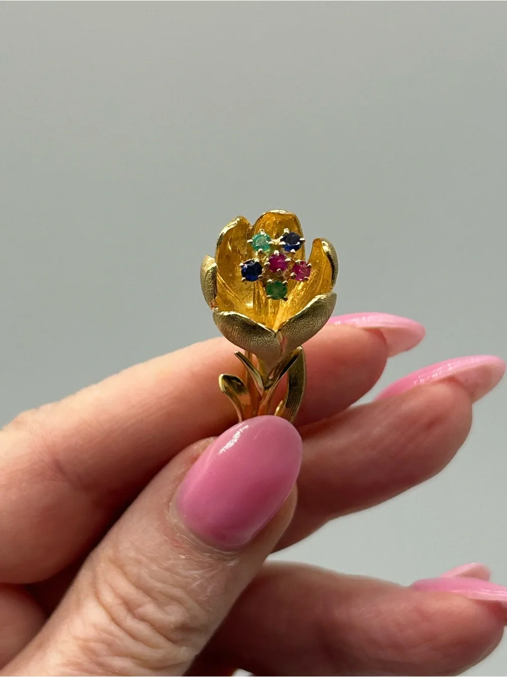 Vintage 1960s 18K Gold Gemstone Flower Brooch — with sapphires, rubies, emeralds